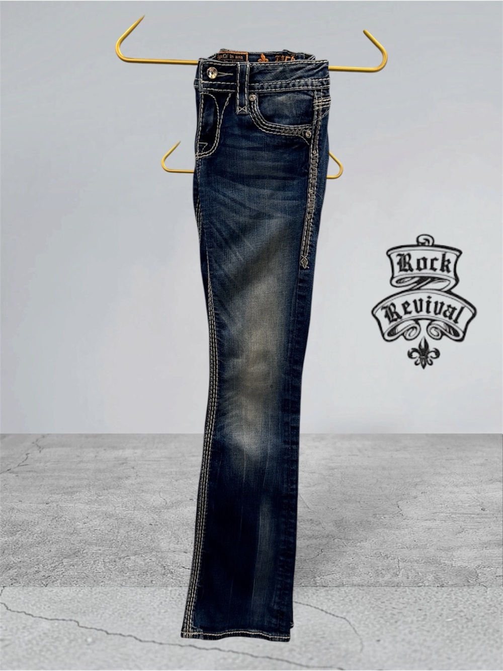 Rock Revival Sherry Dark Denim White RR Tag Bootcut When's Jean Size 26x30 1/2